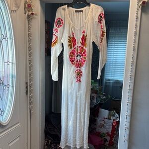 Antik Batik White Maxi Dress with Pink & Gold Embroidery